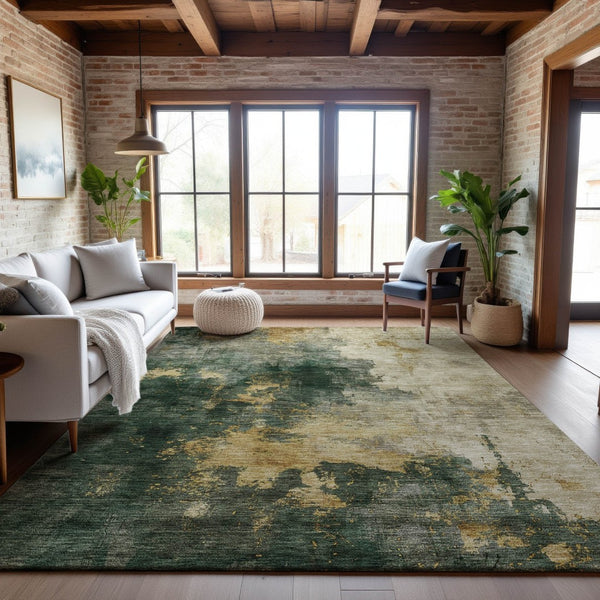 HomeRoots 10' X 14' Modern Fern Green Abstract Area Rug - Washable, UV-Protected, Perfect for Family Spaces 683620