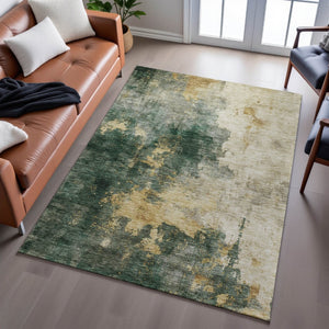 HomeRoots 10' X 14' Modern Fern Green Abstract Area Rug - Washable, UV-Protected, Perfect for Family Spaces 683620