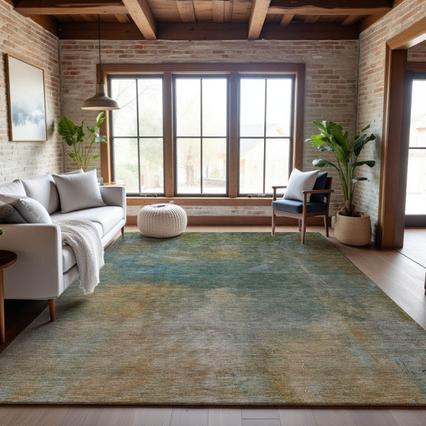 HomeRoots 5' Washable Area Rug in Artichoke Green, Beige & Teal – Stain-Resistant, UV-Protected, Cozy Comfort 683622