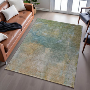 HomeRoots 5' Washable Area Rug in Artichoke Green, Beige & Teal – Stain-Resistant, UV-Protected, Cozy Comfort 683622