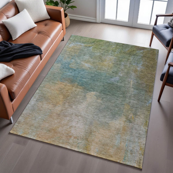 HomeRoots 5' Washable Area Rug in Artichoke Green, Beige & Teal – Stain-Resistant, UV-Protected, Cozy Comfort 683622