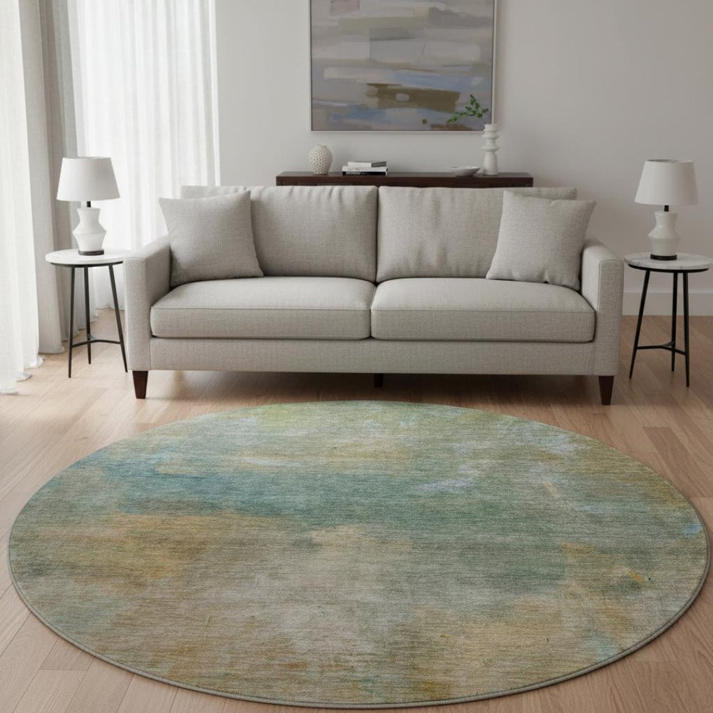 HomeRoots 8' Modern Abstract Washable Round Rug in Artichoke Green, Beige & Teal with UV Protection for Homes 683623