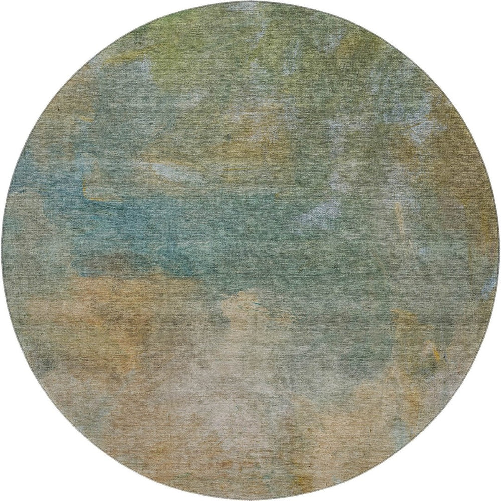 HomeRoots 8' Modern Abstract Washable Round Rug in Artichoke Green, Beige & Teal with UV Protection for Homes 683623