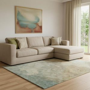 HomeRoots 8' X 10' Artichoke Green Beige Teal Abstract Area Rug - Washable, UV Protected, Durable & Stylish! 683624