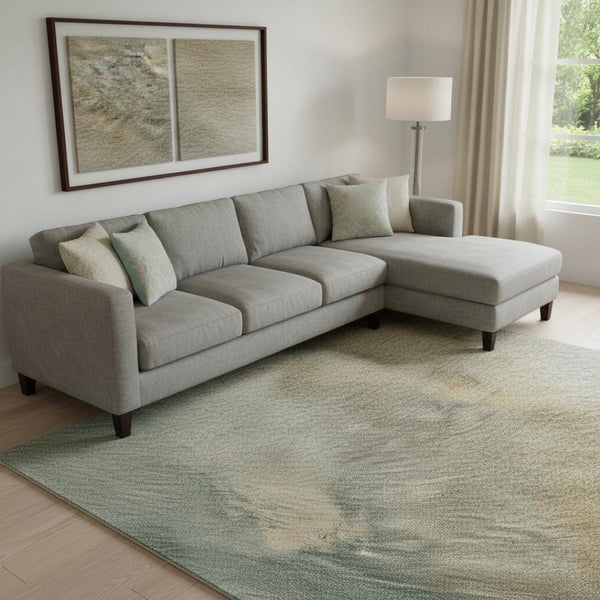 HomeRoots 9' X 12' Abstract Artichoke Green and Beige Washable Area Rug with UV Protection for Modern Homes 683625