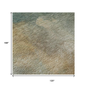 HomeRoots 10' X 14' Artichoke Green Beige Teal Abstract Area Rug - Washable, UV Protected, Modern Design! 683626