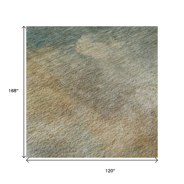 HomeRoots 10' X 14' Artichoke Green Beige Teal Abstract Area Rug - Washable, UV Protected, Modern Design! 683626