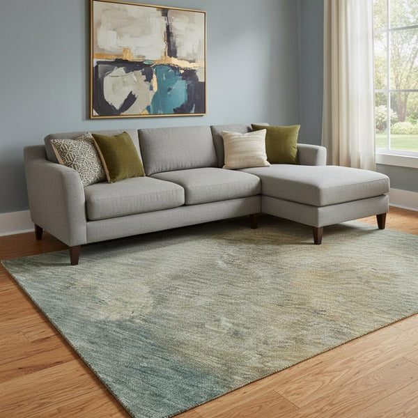 HomeRoots 10' X 14' Artichoke Green Beige Teal Abstract Area Rug - Washable, UV Protected, Modern Design! 683626