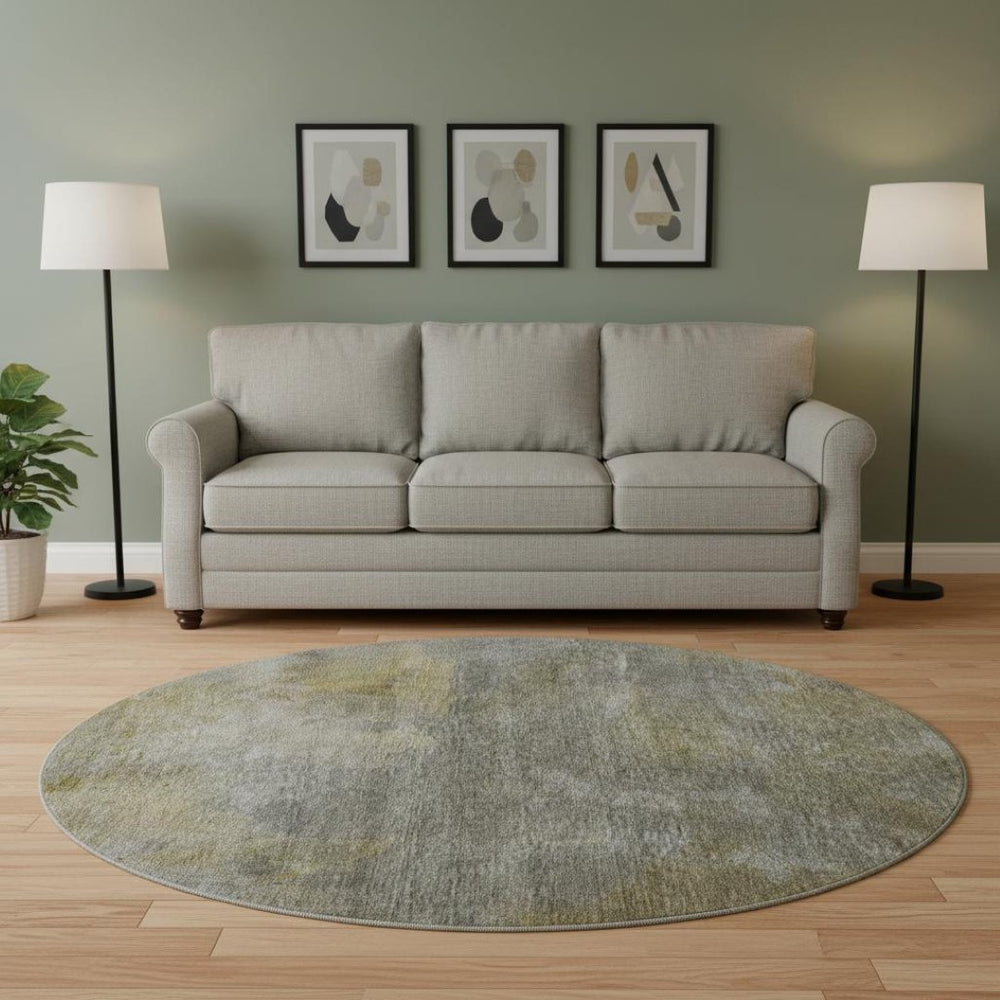 HomeRoots 8' Modern Pewter Beige & Gold Abstract Washable Round Rug with UV Protection for Stylish Spaces 683629