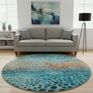 HomeRoots 8' Blue Copper and Ivory Polka Dot Washable Round Rug - Durable, Stylish, UV Protected for All Spaces 683641
