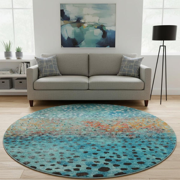 HomeRoots 8' Blue Copper and Ivory Polka Dot Washable Round Rug - Durable, Stylish, UV Protected for All Spaces 683641