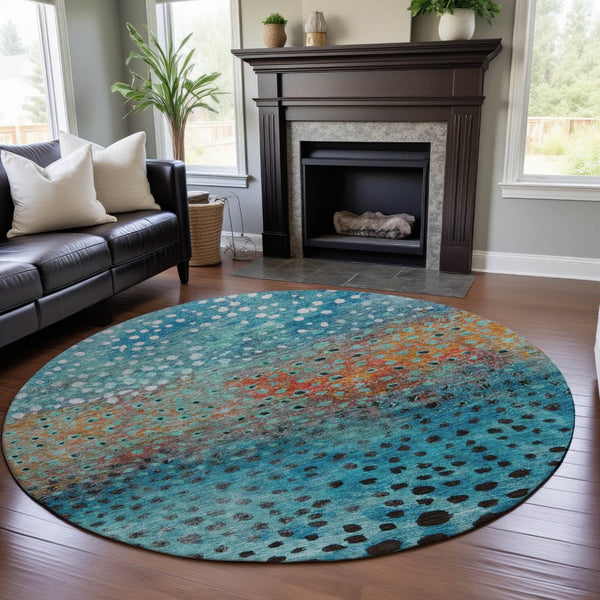 HomeRoots 8' Blue Copper and Ivory Polka Dot Washable Round Rug - Durable, Stylish, UV Protected for All Spaces 683641