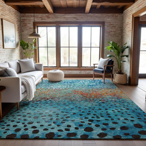 HomeRoots 9' X 12' Playful Blue, Copper & Ivory Polka Dot Area Rug - Washable, UV-Protected, Stain-Resistant! 683643