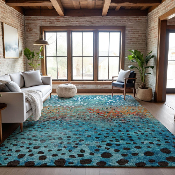 HomeRoots 9' X 12' Playful Blue, Copper & Ivory Polka Dot Area Rug - Washable, UV-Protected, Stain-Resistant! 683643