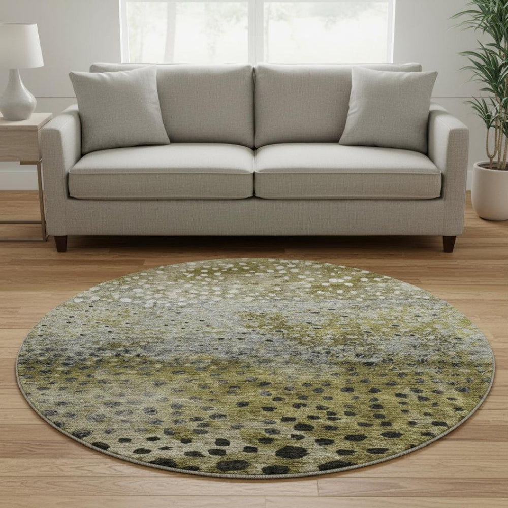 HomeRoots 8' Washable Round Rug in Brown, Gray & Beige Polka Dots - UV Protected, Durable, Easy Care Design 683647