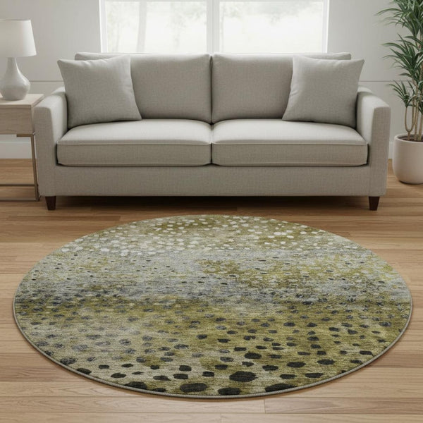 HomeRoots 8' Washable Round Rug in Brown, Gray & Beige Polka Dots - UV Protected, Durable, Easy Care Design 683647