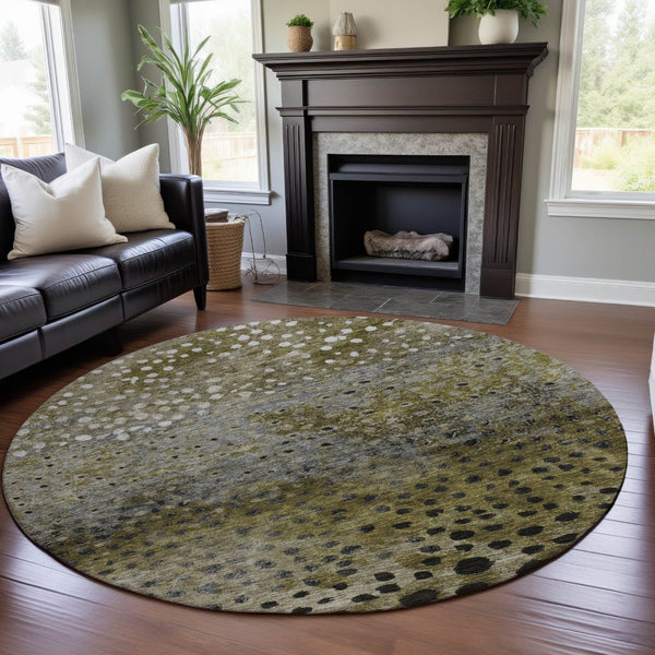 HomeRoots 8' Washable Round Rug in Brown, Gray & Beige Polka Dots - UV Protected, Durable, Easy Care Design 683647