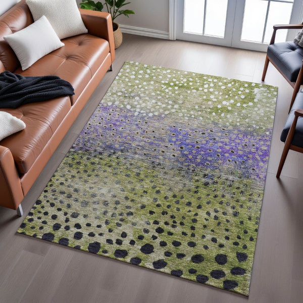 HomeRoots 8' X 10' Washable Polka Dot Area Rug in Green, Purple & Ivory - UV Protected, Stain-Resistant Design 683654