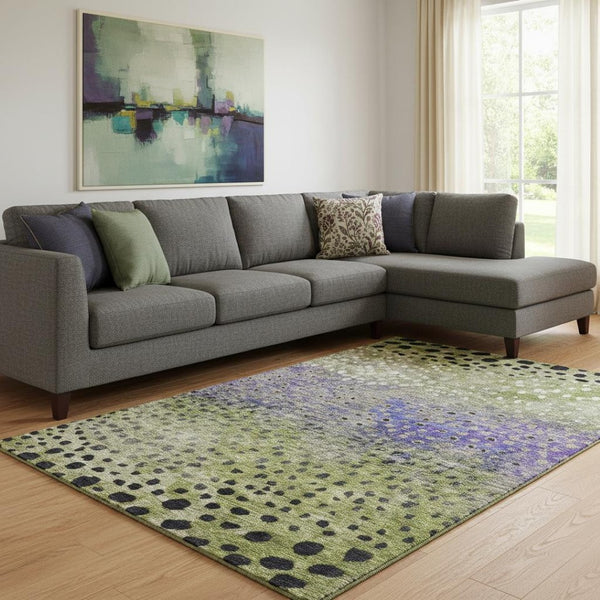 HomeRoots 8' X 10' Washable Polka Dot Area Rug in Green, Purple & Ivory - UV Protected, Stain-Resistant Design 683654