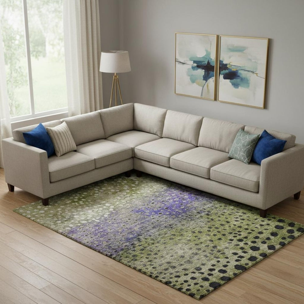 HomeRoots 9' X 12' Washable Area Rug in Green, Purple & Ivory Polka Dots - UV Protection & Stain Resistant! 683655