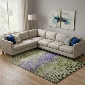 HomeRoots 9' X 12' Washable Area Rug in Green, Purple & Ivory Polka Dots - UV Protection & Stain Resistant! 683655