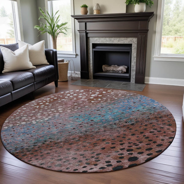 HomeRoots 8' Washable Round Rug with Rust, Teal & Ivory Polka Dots - UV Protected, Stain-Resistant Design! 683659