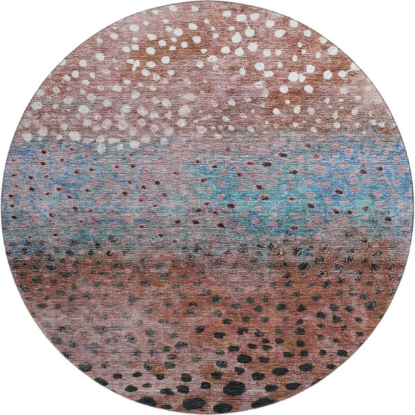 HomeRoots 8' Washable Round Rug with Rust, Teal & Ivory Polka Dots - UV Protected, Stain-Resistant Design! 683659