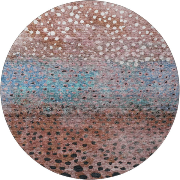 HomeRoots 8' Washable Round Rug with Rust, Teal & Ivory Polka Dots - UV Protected, Stain-Resistant Design! 683659
