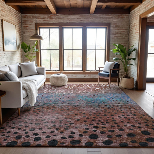 HomeRoots 9' X 12' Stylish Rust Teal Ivory Polka Dot Washable Area Rug with UV Protection for Busy Homes 683661