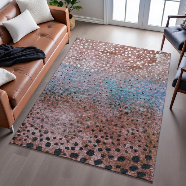 HomeRoots 9' X 12' Stylish Rust Teal Ivory Polka Dot Washable Area Rug with UV Protection for Busy Homes 683661