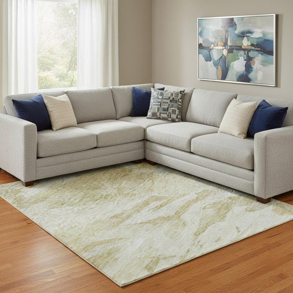 HomeRoots 10' Beige and Ivory Abstract Washable Area Rug with UV Protection - Perfect for Modern Spaces! 683680