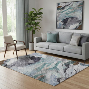 HomeRoots 5' X 8' Abstract Area Rug in Blue, Copper & Beige - Washable, Stain-Resistant & UV Protected! 683682