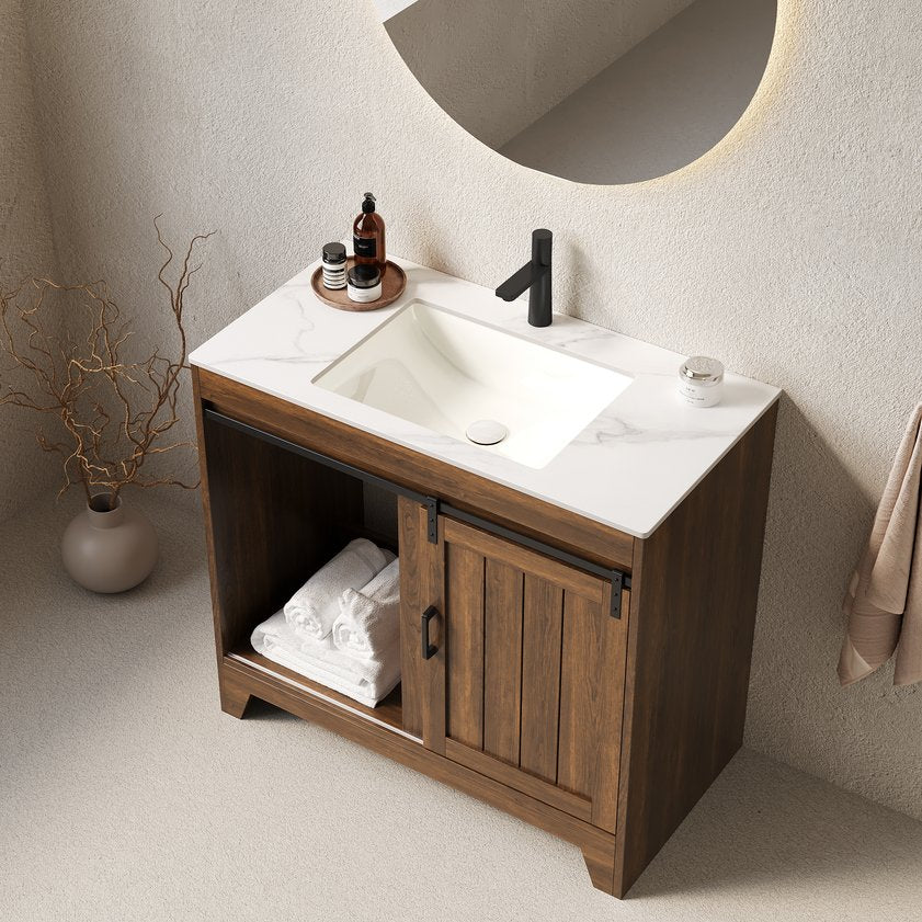 English Elm RIKA 36" Bathroom Vanity with Sintered Stone Countertop, Undermount Ceramic Basin, Walnut Farmhouse Charm W2615S00096