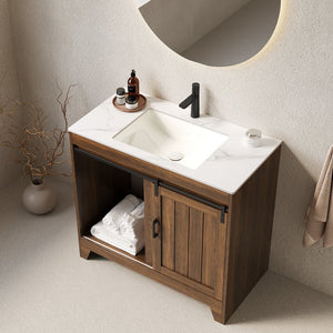 English Elm RIKA 36" Bathroom Vanity with Sintered Stone Countertop, Undermount Ceramic Basin, Walnut Farmhouse Charm W2615S00096