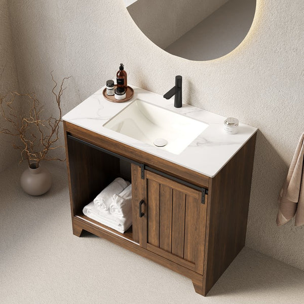 English Elm RIKA 36" Bathroom Vanity with Sintered Stone Countertop, Undermount Ceramic Basin, Walnut Farmhouse Charm W2615S00096