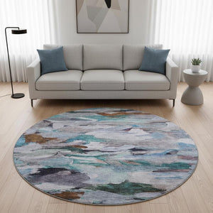 HomeRoots 8' Blue Copper Beige Abstract Washable Round Rug - Durable, Stain-Resistant, UV Protected Design! 683683