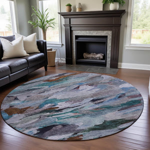 HomeRoots 8' Blue Copper Beige Abstract Washable Round Rug - Durable, Stain-Resistant, UV Protected Design! 683683