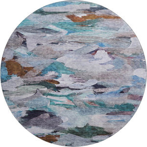HomeRoots 8' Blue Copper Beige Abstract Washable Round Rug - Durable, Stain-Resistant, UV Protected Design! 683683