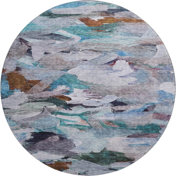 HomeRoots 8' Blue Copper Beige Abstract Washable Round Rug - Durable, Stain-Resistant, UV Protected Design! 683683
