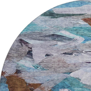 HomeRoots 8' Blue Copper Beige Abstract Washable Round Rug - Durable, Stain-Resistant, UV Protected Design! 683683
