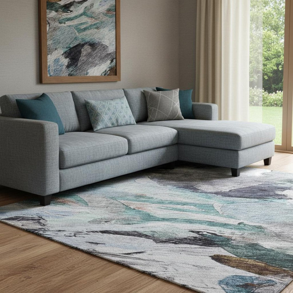 HomeRoots 8' X 10' Abstract Blue Copper Beige Area Rug - Washable, UV Protected, Durable Design for High-Traffic Spaces 683684