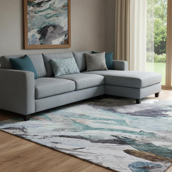 HomeRoots 8' X 10' Abstract Blue Copper Beige Area Rug - Washable, UV Protected, Durable Design for High-Traffic Spaces 683684