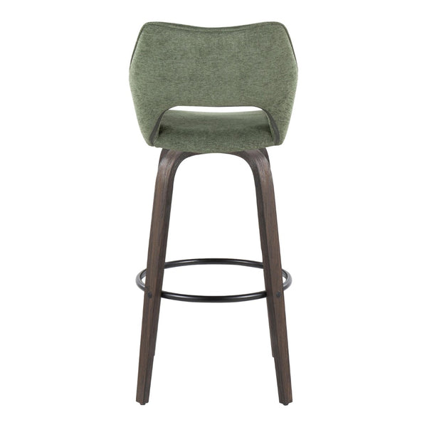 English Elm 30" Swivel Barstools Bentwood Walnut Legs Green Upholstery Cut-out Back Set of 2 B202S00629