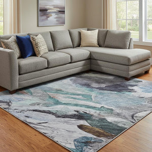 HomeRoots 10' X 14' Abstract Blue Copper Beige Area Rug - Durable, Stain Resistant, UV Protected for Homes 683686