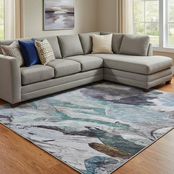 HomeRoots 10' X 14' Abstract Blue Copper Beige Area Rug - Durable, Stain Resistant, UV Protected for Homes 683686