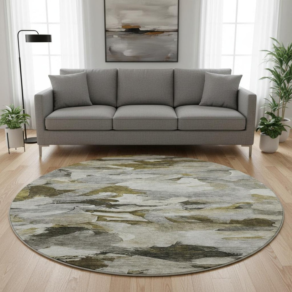 HomeRoots 8' Modern Abstract Round Rug in Granite Gray, Beige & Gold - Washable, Stain Resistant & UV Protected 683689