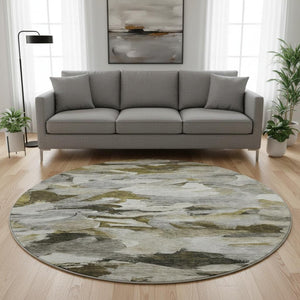HomeRoots 8' Modern Abstract Round Rug in Granite Gray, Beige & Gold - Washable, Stain Resistant & UV Protected 683689