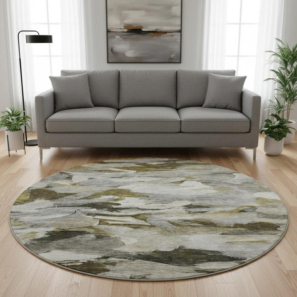 HomeRoots 8' Modern Abstract Round Rug in Granite Gray, Beige & Gold - Washable, Stain Resistant & UV Protected 683689
