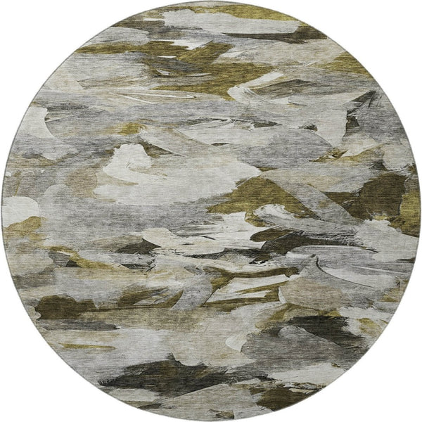 HomeRoots 8' Modern Abstract Round Rug in Granite Gray, Beige & Gold - Washable, Stain Resistant & UV Protected 683689