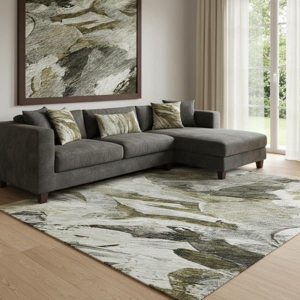 HomeRoots 8' X 10' Stylish Abstract Washable Area Rug in Granite Gray, Beige & Gold - UV Resistant & Durable 683690